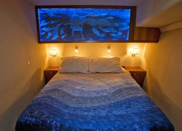 Slide: The Image of 1982 Pacifica Convertible bedroom with blue-lit aquarium above bed. - 9