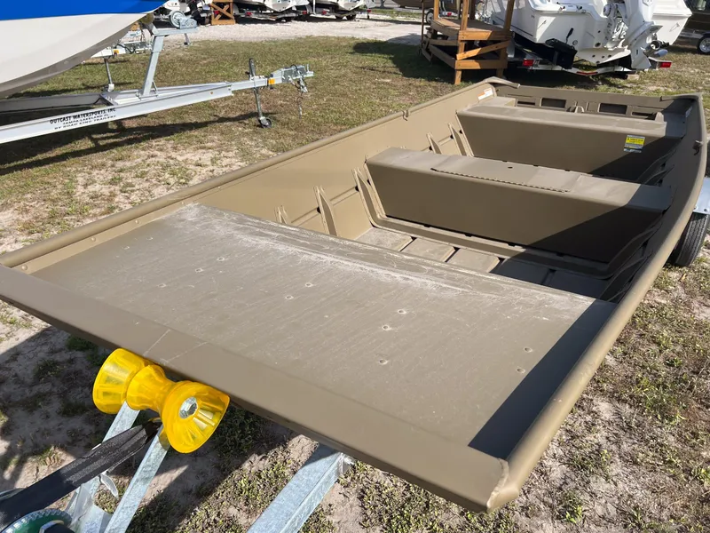 Slide: The Image of 2025 G3 1544LW boat hull on trailer, displayed outdoors. - 1