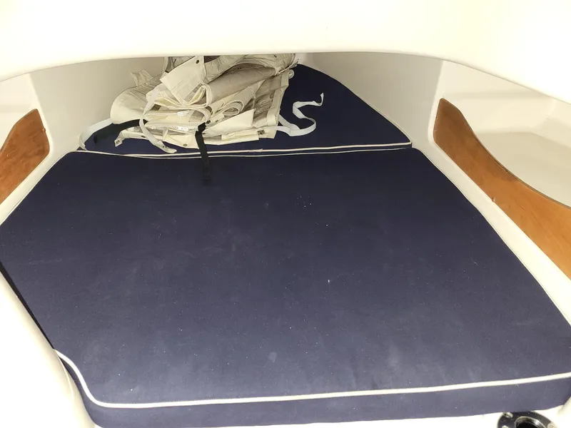 Slide: The Image of 2019 Grady-White Canyon 336 cabin interior with blue cushions and stored gear. - 35