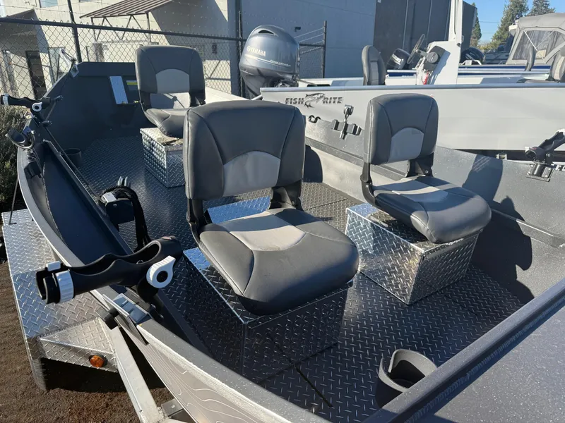 Slide: The Image of 2025 Custom Driftwood Boats Drifter 18.5 with three cushioned seats and diamond plate flooring. - 7
