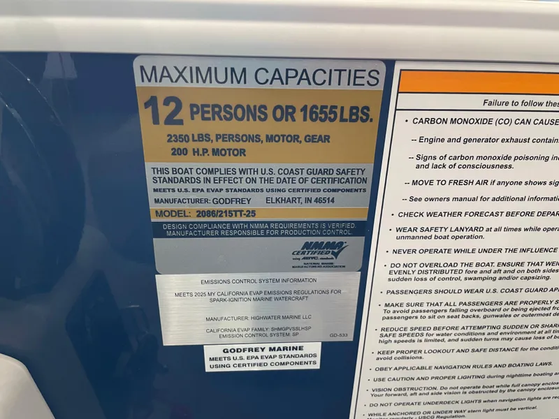 Slide: The Image of Maximum capacity label on a 2025 Godfrey EX2086SBX boat, detailing safety and weight limits. - 19