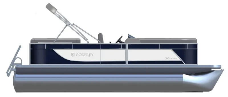 Slide: The Image of 2025 Godfrey EX2086SBX pontoon boat, side view, sleek design, navy and white color scheme. - 20