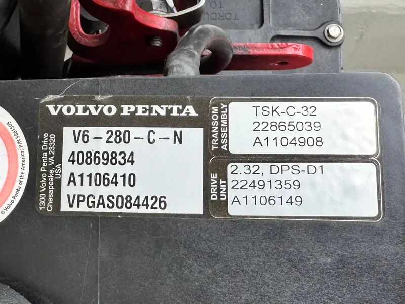 Slide: The Image of Volvo Penta engine label on a 2020 Cobalt 220S boat, showing model and serial numbers. - 22