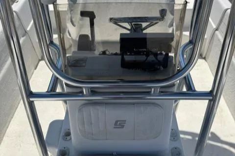 Slide: The Image of 2011 Carolina Skiff 198 DLV boat console with steering wheel and electronics. - 9