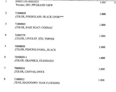 Slide: The Image of Premier 2021 290 Grand View boat specifications list with color and material details. - 5