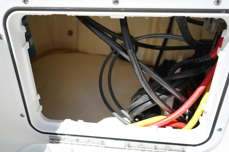 Slide: The Image of 2021 Edgewater 188CC boat wiring compartment with various cables and wires. - 11