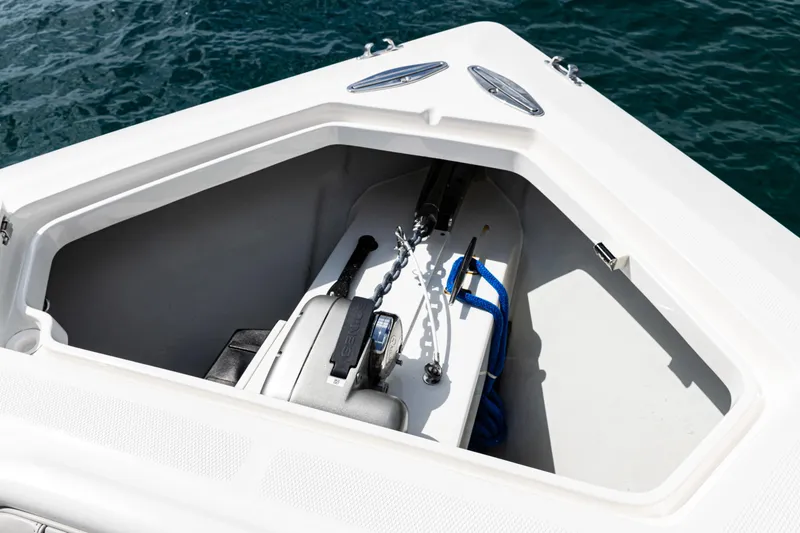 Slide: The Image of Anchor compartment of 2022 SeaVee 370z boat with chain and equipment. - 18