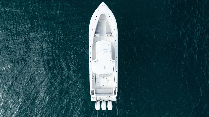 Slide: The Image of Aerial view of 2022 SeaVee 370z boat on open water. - 22