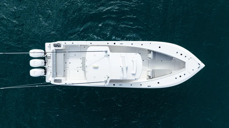 Slide: The Image of Aerial view of 2022 SeaVee 370z boat on open water. - 28