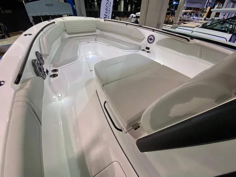 Slide: The Image of 2025 Edgewater 340CC boat interior with spacious seating and modern design. - 1