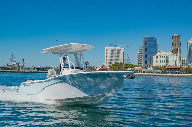 Slide: The Image of 2021 Sea Fox 248 Commander boat cruising near city skyline on a sunny day. - 29