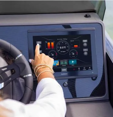 Slide: The Image of Touchscreen control panel on 2025 Manitou 24' Explore MAX Deck Navigator boat. - 12