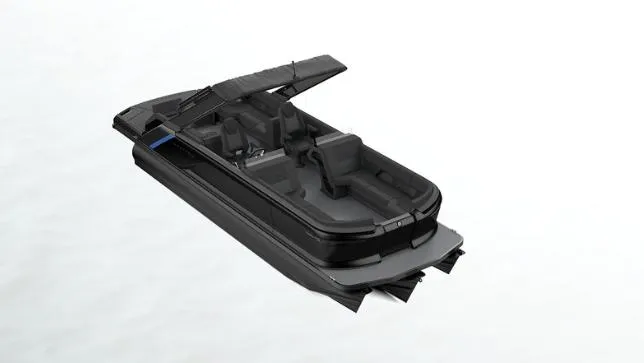 Slide: The Image of 2025 Manitou 24' Explore MAX Deck Navigator with 150hp Rotax Stealth Motor, sleek design. - 15