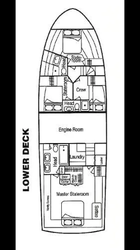 Slide: The Image of Lower deck layout of 1990 Viking Extended Aft Deck Motor Yacht, featuring staterooms and engine room. - 24