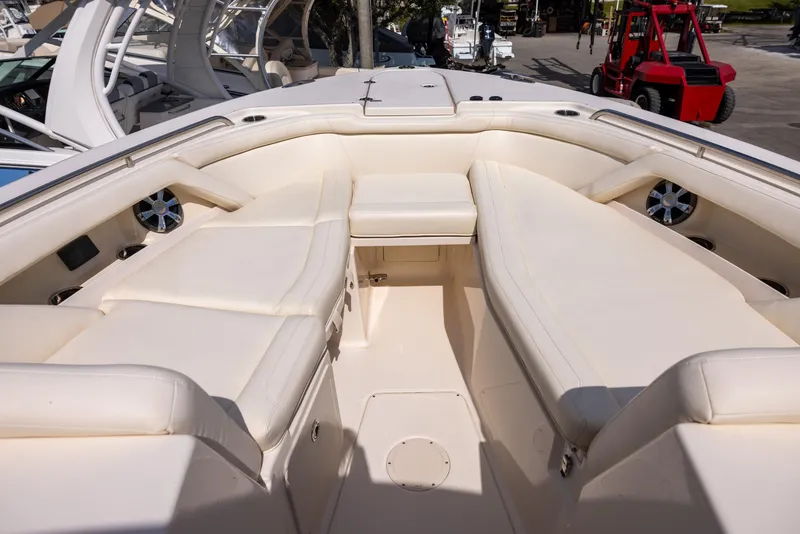 Slide: The Image of 2018 Grady-White Freedom 335 boat interior with spacious seating and modern design. - 20