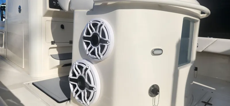 Slide: The Image of 2025 ShearWater 270 SS Open Carolina boat interior with dual speakers. - 8