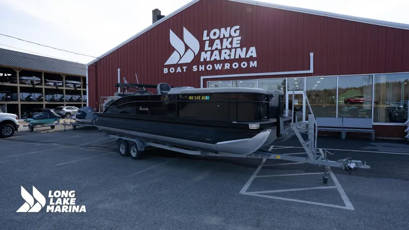 Slide: The Image of 2022 Barletta 24UE pontoon boat on trailer at Long Lake Marina showroom. - 3