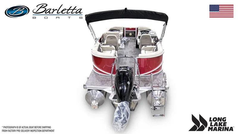 Slide: The Image of 2024 Barletta A20QC pontoon boat, rear view, red and silver design, Long Lake Marina. - 3