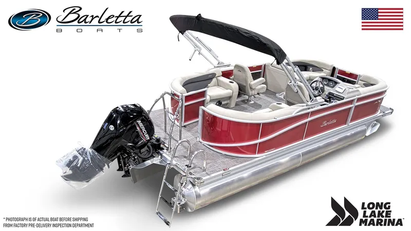 Slide: The Image of 2024 Barletta A20QC pontoon boat with red exterior and Mercury outboard motor. - 4