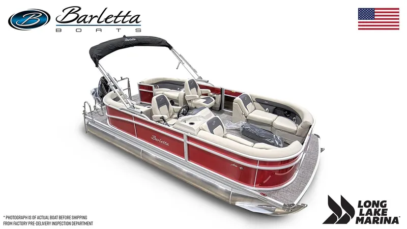 Slide: The Image of 2024 Barletta A20QC pontoon boat with red exterior and beige seating, displayed at Long Lake Marina. - 5