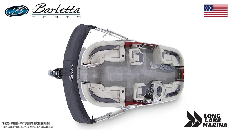 Slide: The Image of 2024 Barletta A20QC pontoon boat, top view, featuring spacious seating and modern design. - 7