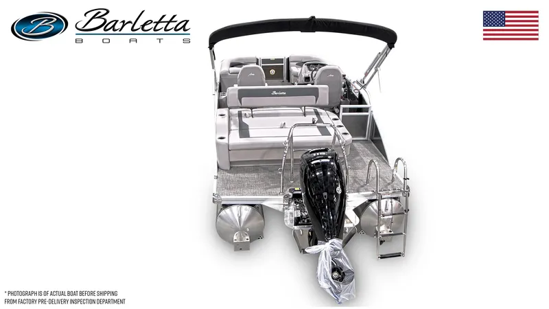 Slide: The Image of 2025 Barletta A20UC pontoon boat, rear view, featuring sleek design and modern amenities. - 3