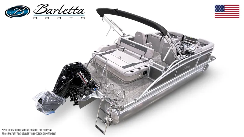 Slide: The Image of 2025 Barletta A20UC pontoon boat with Mercury engine, sleek design, and modern features. - 4
