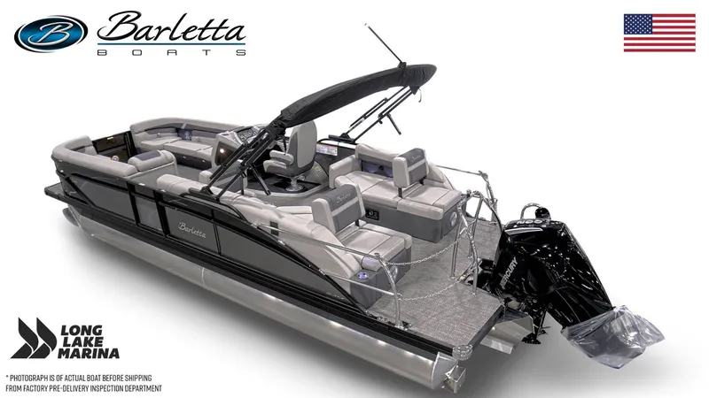 Slide: The Image of 2025 Barletta C24M pontoon boat with sleek design, showcased by Long Lake Marina. - 3