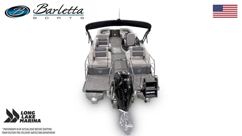 Slide: The Image of 2025 Barletta C24M pontoon boat with seating, motor, and canopy, displayed by Long Lake Marina. - 4