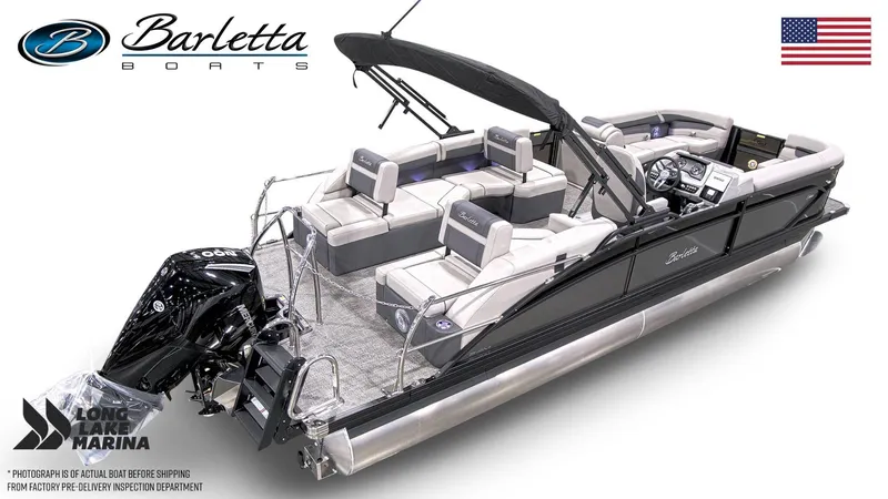 Slide: The Image of 2025 Barletta C24M pontoon boat with sleek design and spacious seating. - 5