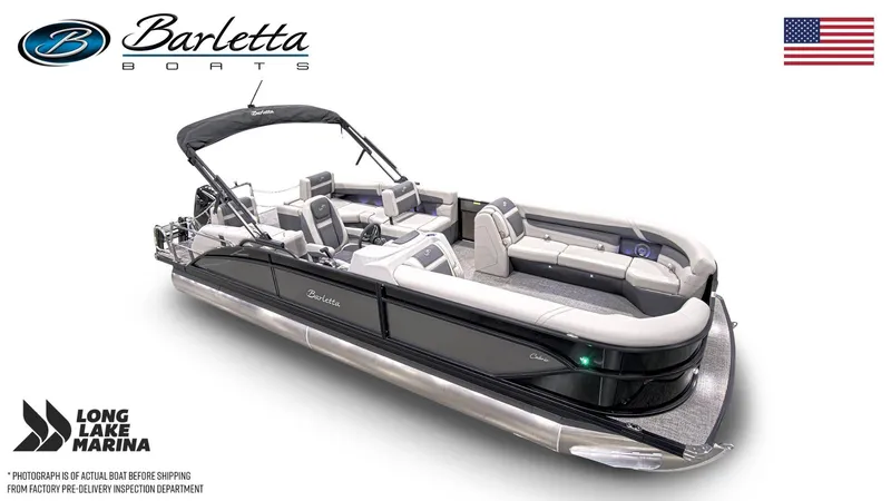 Slide: The Image of 2025 Barletta C24M pontoon boat with sleek design, spacious seating, and modern features. - 6