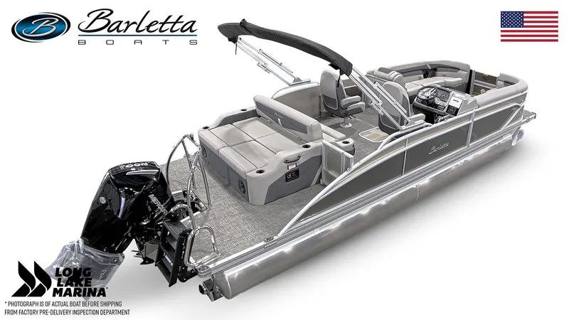 Slide: The Image of 2024 Barletta C24UC pontoon boat with sleek design and modern features. - 5