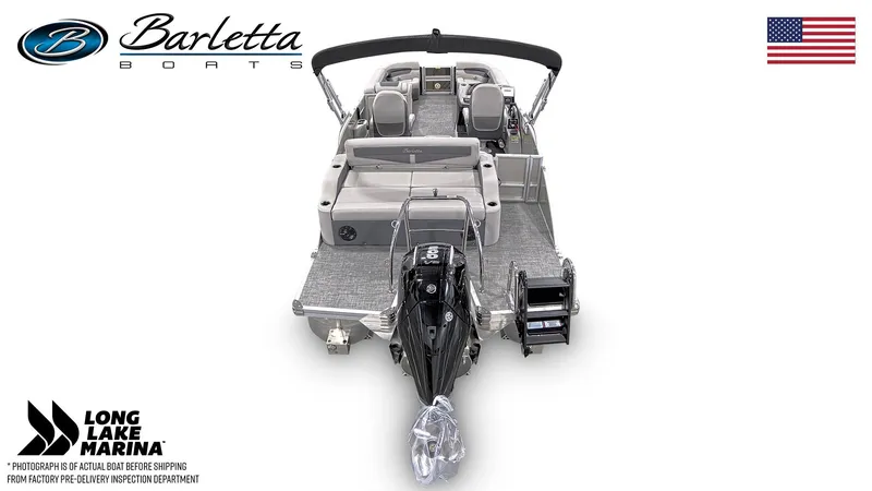 Slide: The Image of 2024 Barletta C24UC pontoon boat, rear view, featuring sleek design and modern amenities. - 6