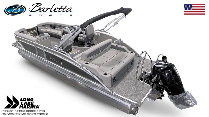 Slide: The Image of 2024 Barletta C24UC pontoon boat with sleek design and powerful Mercury outboard motor. - 7