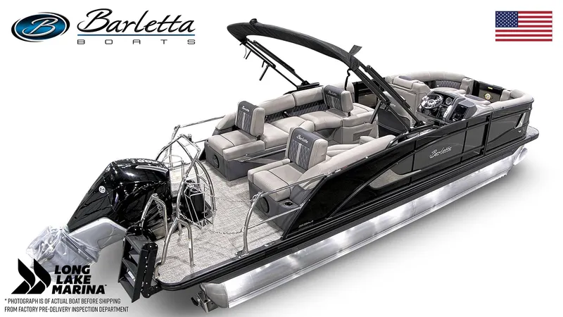 Slide: The Image of 2024 Barletta L23M pontoon boat with luxurious seating and sleek design. - 5