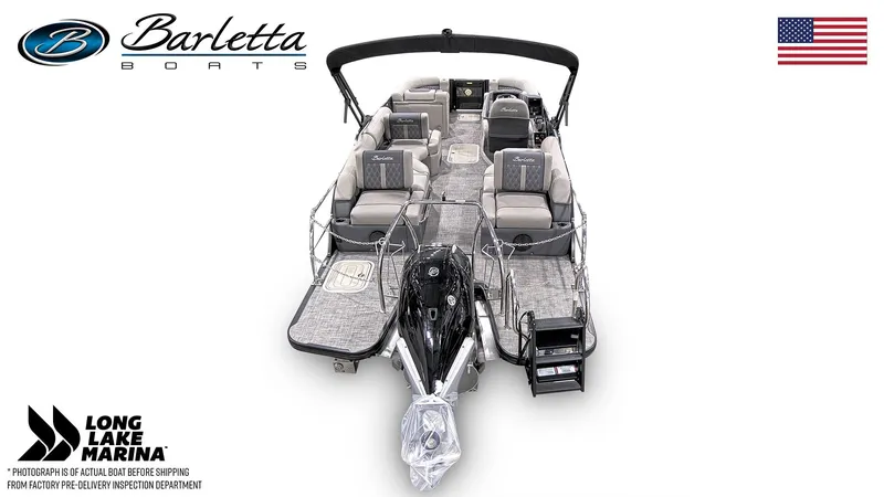 Slide: The Image of 2024 Barletta L23M pontoon boat with spacious seating and modern design. - 6