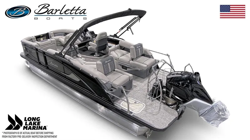 Slide: The Image of 2024 Barletta L23M pontoon boat with luxurious seating and powerful outboard motor. - 7