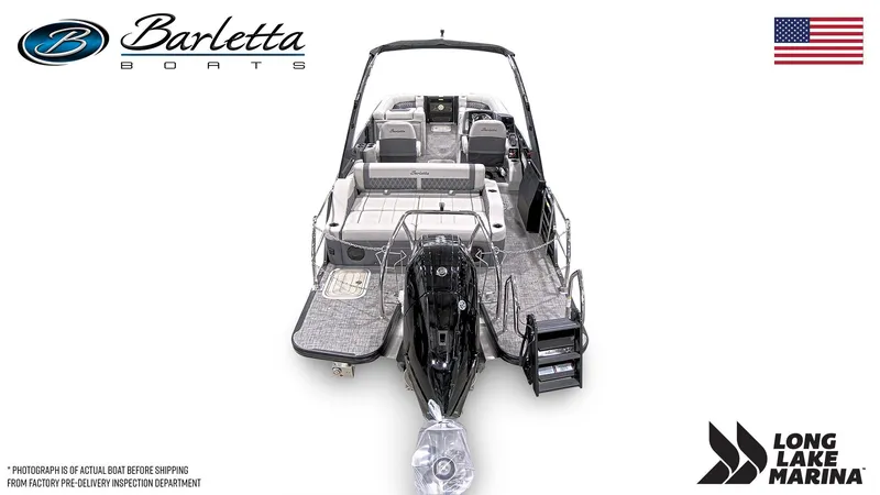 Slide: The Image of 2024 Barletta L25UCA pontoon boat, rear view, displayed at Long Lake Marina. - 3