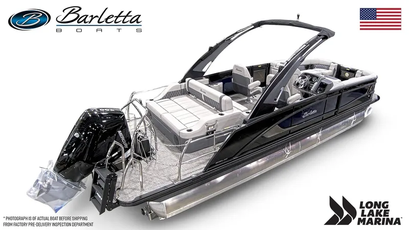 Slide: The Image of 2024 Barletta L25UCA luxury pontoon boat with sleek design and modern features. - 4