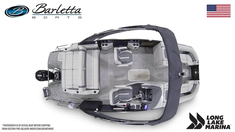 Slide: The Image of 2024 Barletta L25UCA pontoon boat, top view, spacious seating, modern design, Long Lake Marina. - 7