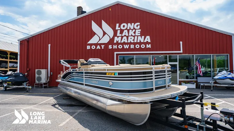 Slide: The Image of 2022 Harris Solstice pontoon boat at Long Lake Marina showroom. - 1