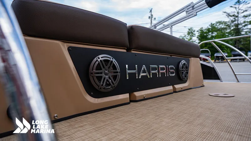 Slide: The Image of 2022 Harris Solstice boat deck with speakers at Long Lake Marina. - 7
