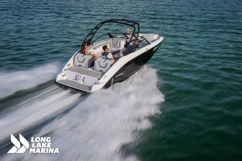Slide: The Image of 2025 Yamaha AR220 boat speeding on water, Long Lake Marina logo visible. - 4