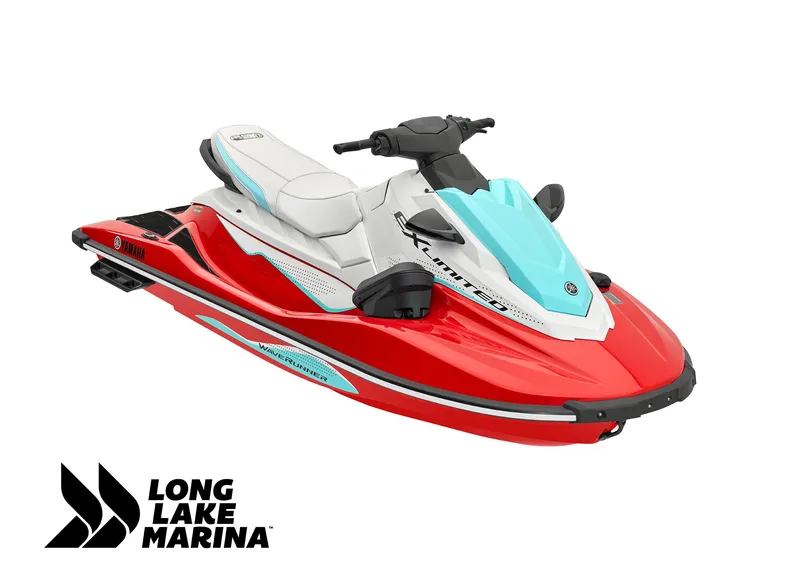 Slide: The Image of 2024 Yamaha EX Limited w/ Audio jet ski, red and white, Long Lake Marina logo. - 1