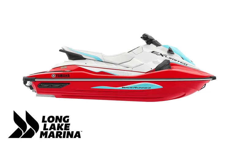Slide: The Image of 2024 Yamaha EX Limited w/ Audio jet ski, red and white, Long Lake Marina logo. - 2