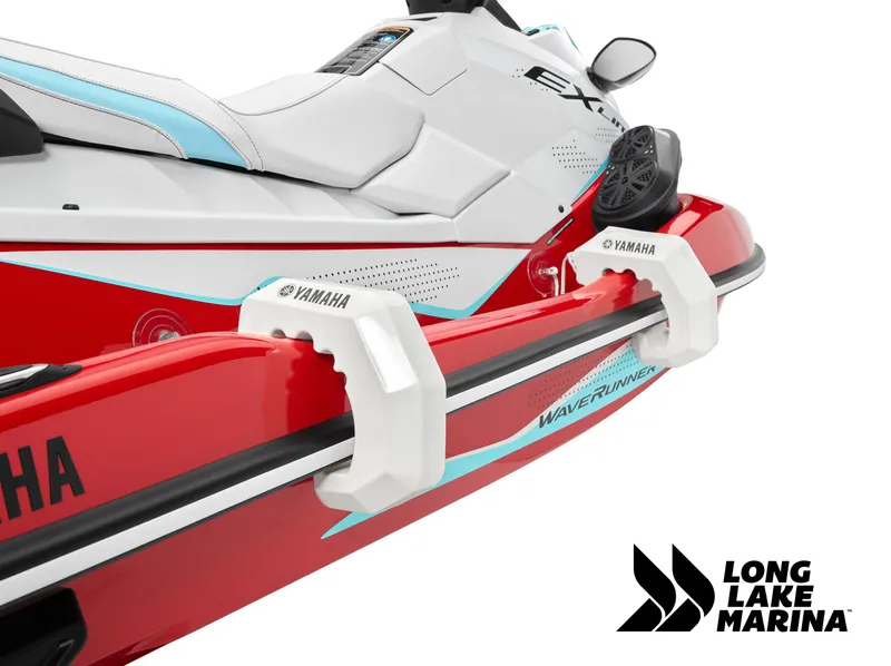 Slide: The Image of 2024 Yamaha EX Limited w/ Audio, red and white design, Long Lake Marina branding. - 3