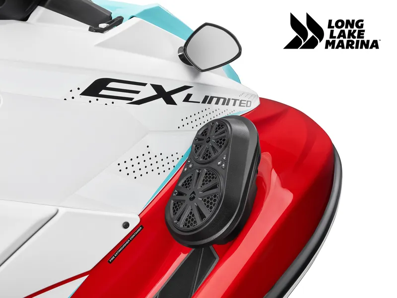 Slide: The Image of 2024 Yamaha EX Limited w/ Audio, red and white design, Long Lake Marina logo. - 4