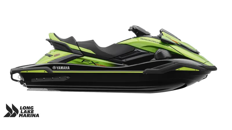 Slide: The Image of 2024 Yamaha FX Cruiser SVHO w/ Audio, green and black jet ski, side view. - 2