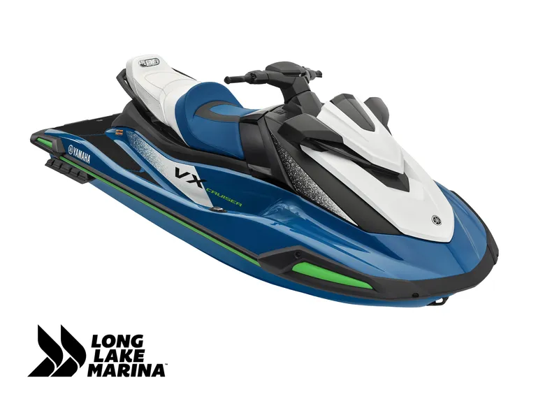 Slide: The Image of 2024 Yamaha VX Cruiser w/ Audio, blue and white jet ski, Long Lake Marina logo. - 1