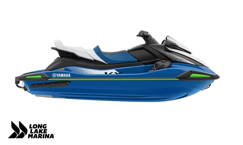 Slide: The Image of 2024 Yamaha VX Cruiser w/ Audio, blue jet ski, side view, Long Lake Marina logo. - 2